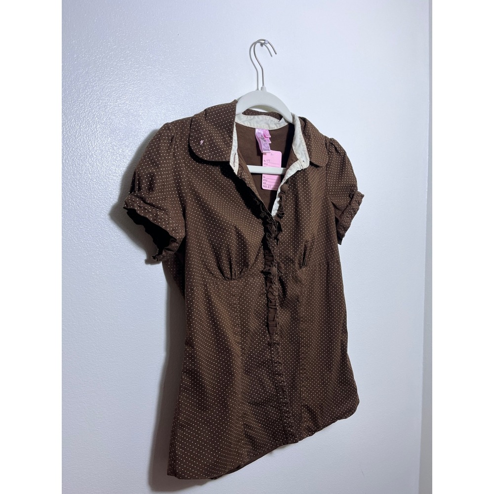 Dolled Up by FANG Brown Polka Dot Ruffle Button Up Blouse Peter Pan Collar Large - Picture 2 of 3